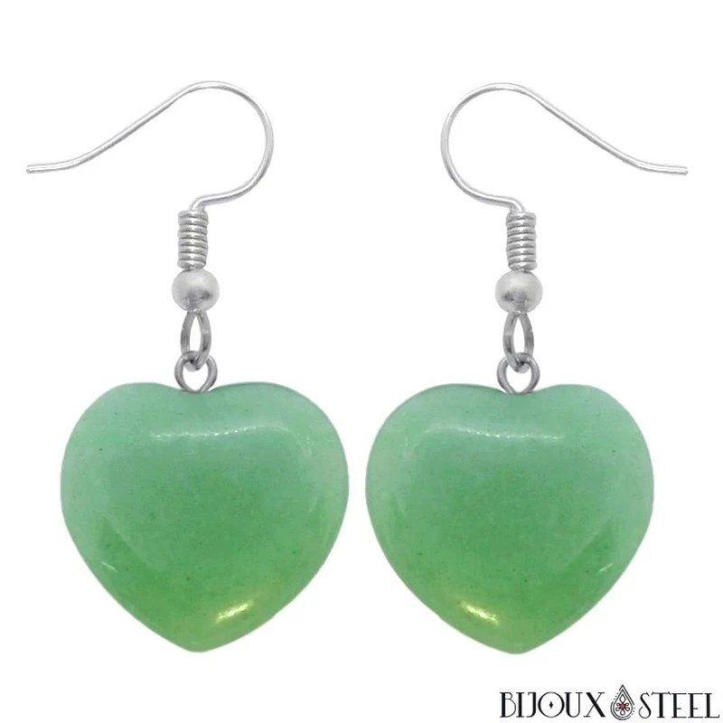 Boucles d'oreilles pendantes coeurs en pierre d'aventurine verte