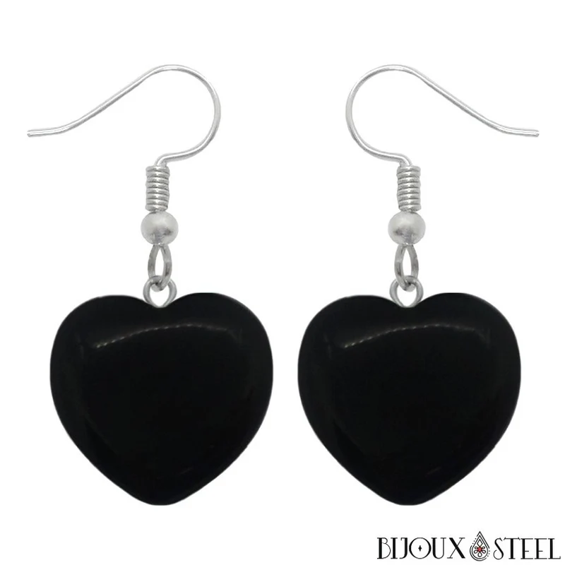 Boucles d'oreilles pendantes coeurs en pierre d'obsidienne