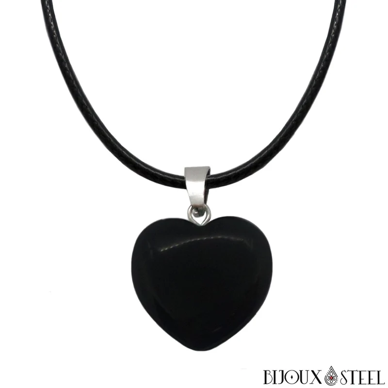 Collier à pendentif cœur en pierre naturelle d'obsidienne