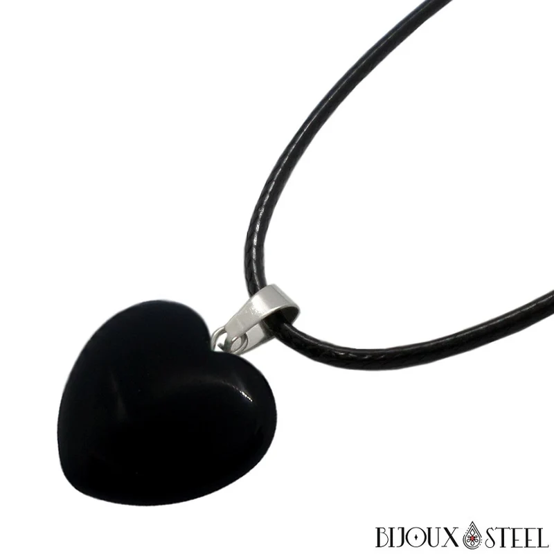 Collier à pendentif cœur en pierre naturelle d'obsidienne