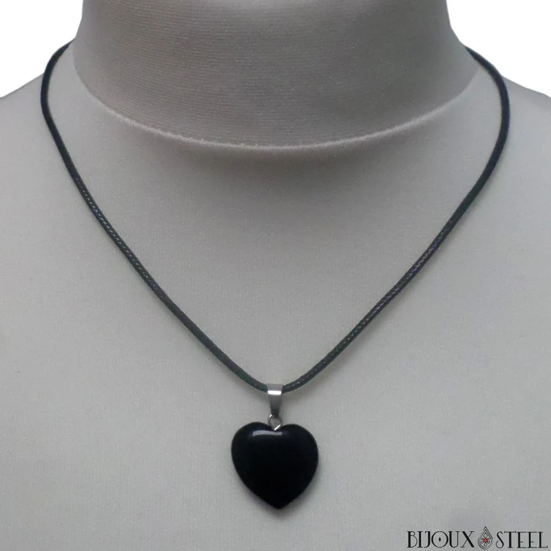 Collier à pendentif cœur en pierre naturelle d'obsidienne