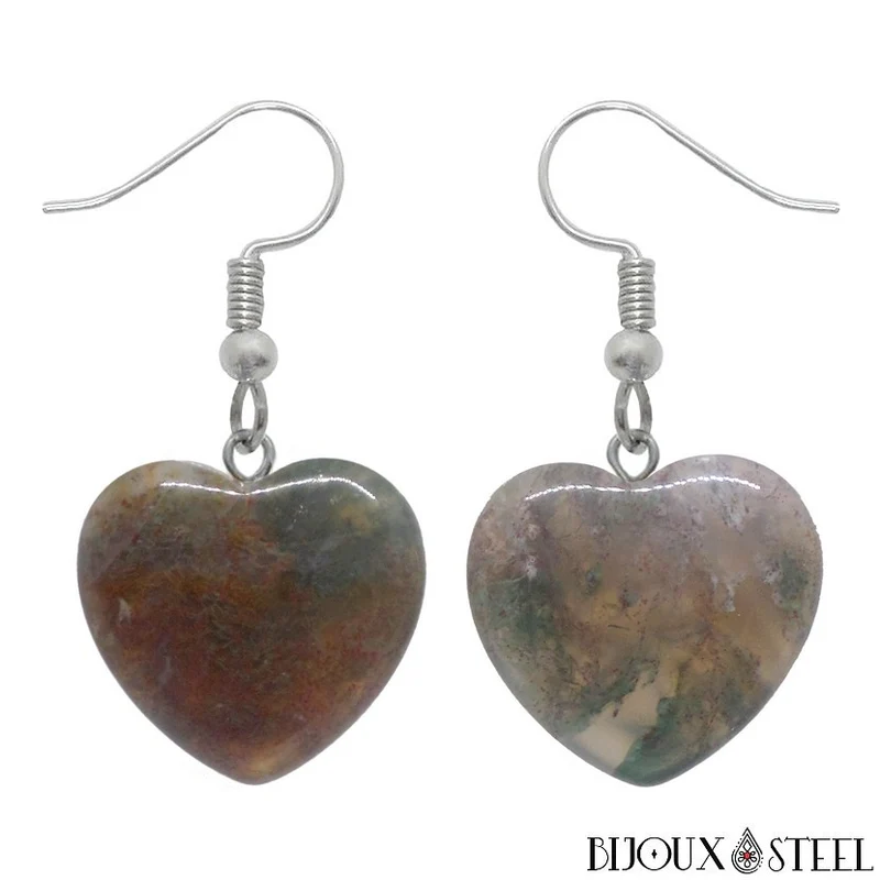 Boucles d'oreilles pendantes coeurs en pierre d'agate indienne