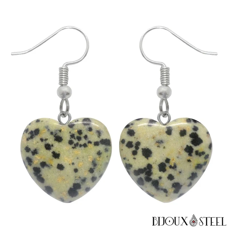 Boucles d'oreilles pendantes coeurs en pierre de jaspe dalmatien