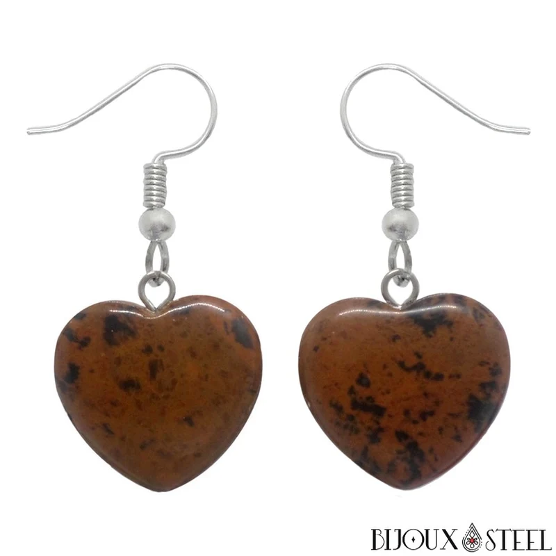 Boucles d'oreilles pendantes coeurs en pierre d'obsidienne acajou