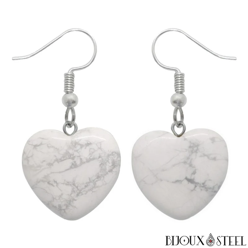 Boucles d'oreilles pendantes coeurs en pierre naturelle d'howlite