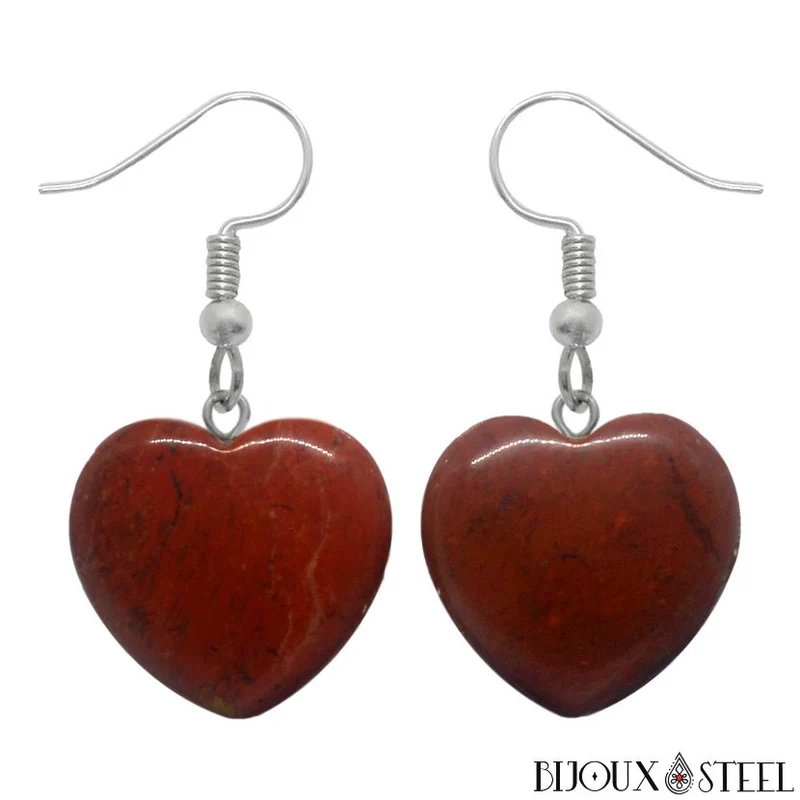 Boucles d'oreilles pendantes coeurs en pierre de jaspe rouge