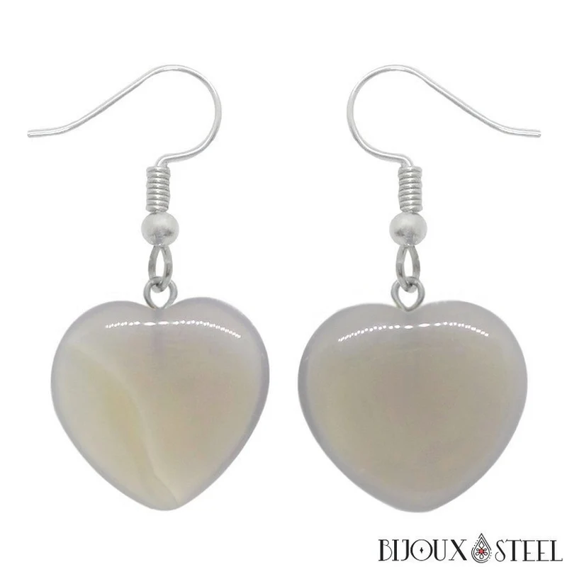 Boucles d'oreilles pendantes coeurs en pierre d'agate grise