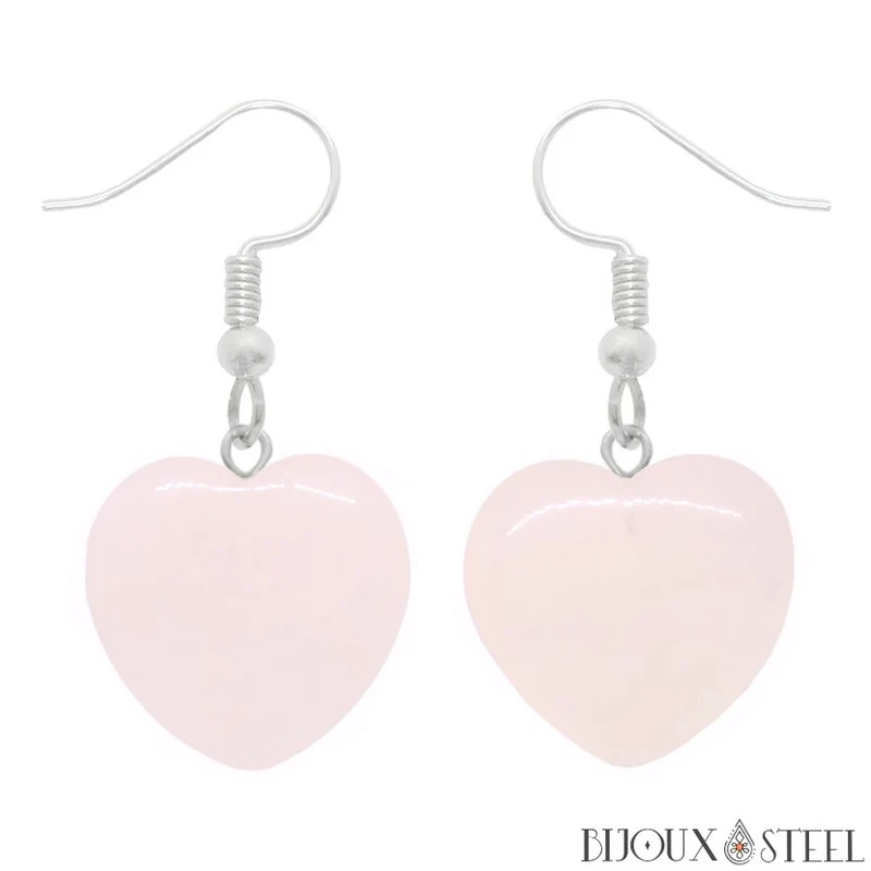 Boucles d'oreilles pendantes coeurs en pierre de quartz rose