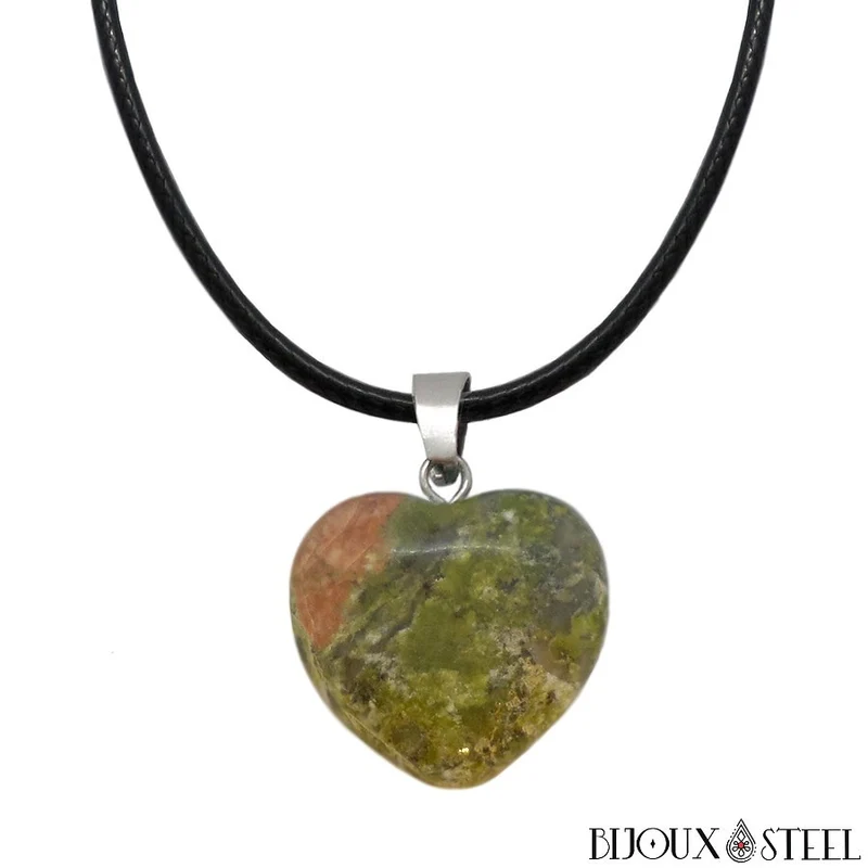 Collier à pendentif cœur en pierre d'unakite