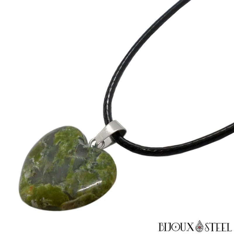 Collier à pendentif cœur en pierre d'unakite