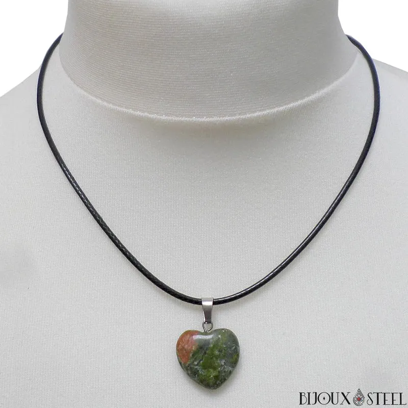 Collier à pendentif cœur en pierre d'unakite