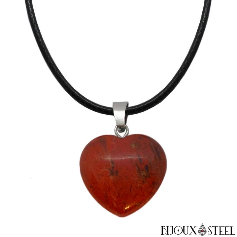 Collier à pendentif cœur en pierre de jaspe rouge