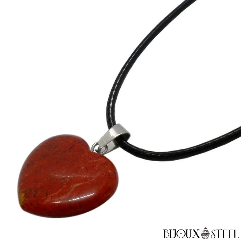 Collier à pendentif cœur en pierre de jaspe rouge