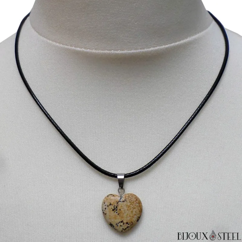 Collier à pendentif cœur en pierre de jaspe paysage