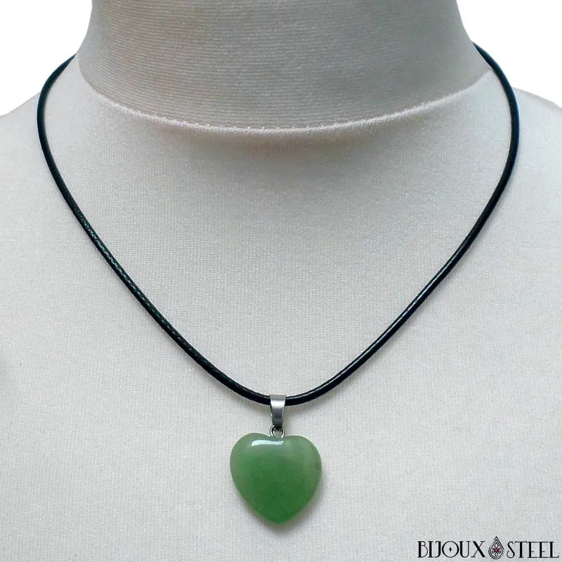 Collier à pendentif cœur en pierre d'aventurine verte
