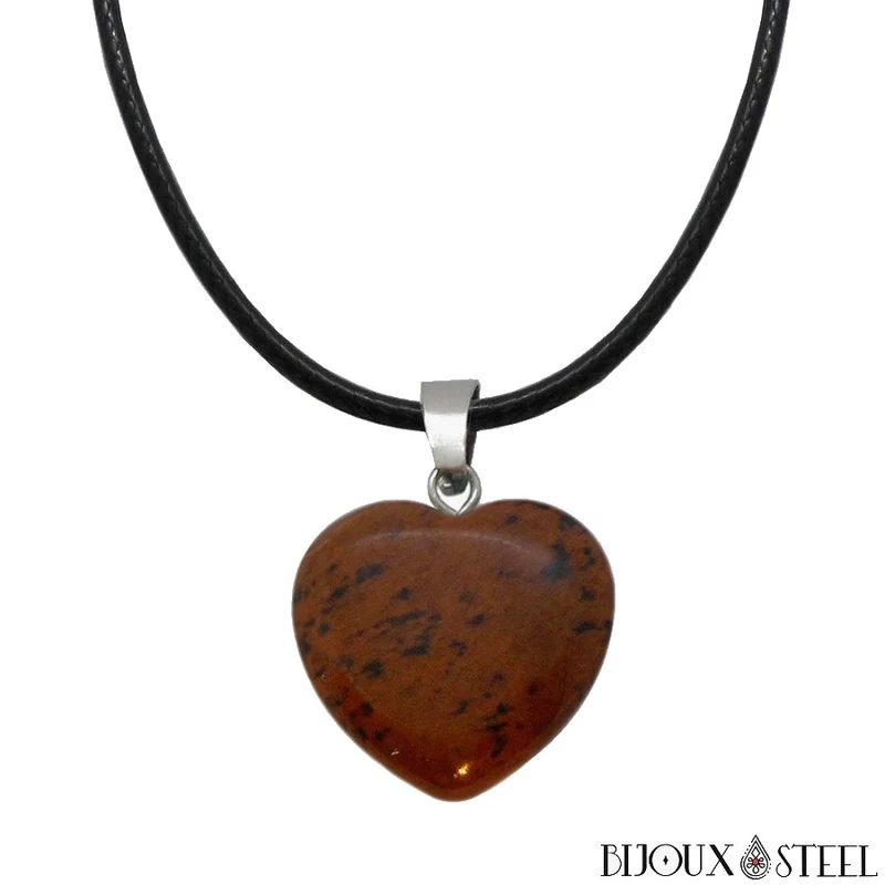 Collier à pendentif cœur en pierre d'obsidienne acajou