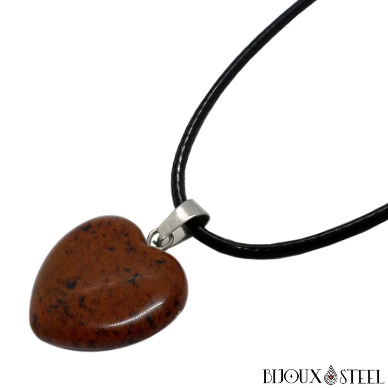 Collier à pendentif cœur en pierre d'obsidienne acajou