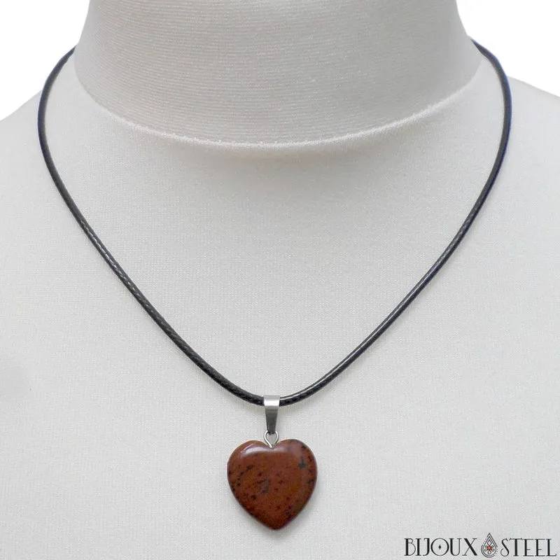 Collier à pendentif cœur en pierre d'obsidienne acajou