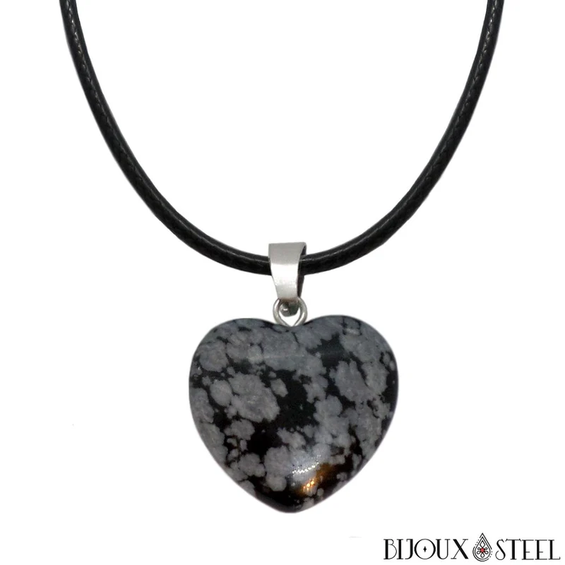 Collier à pendentif cœur en pierre d'obsidienne flocon de neige
