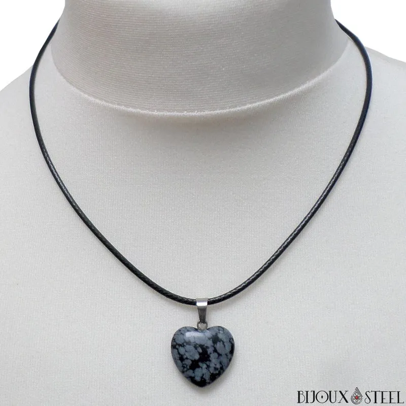 Collier à pendentif cœur en pierre d'obsidienne flocon de neige