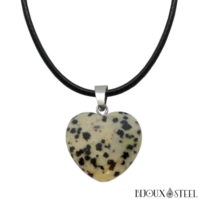 Collier à pendentif cœur en pierre de jaspe dalmatien