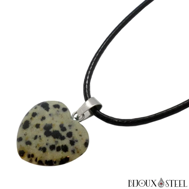 Collier à pendentif cœur en pierre de jaspe dalmatien