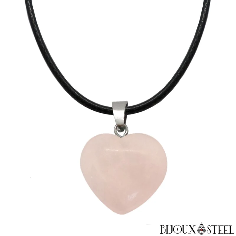 Collier à pendentif cœur en pierre de quartz rose