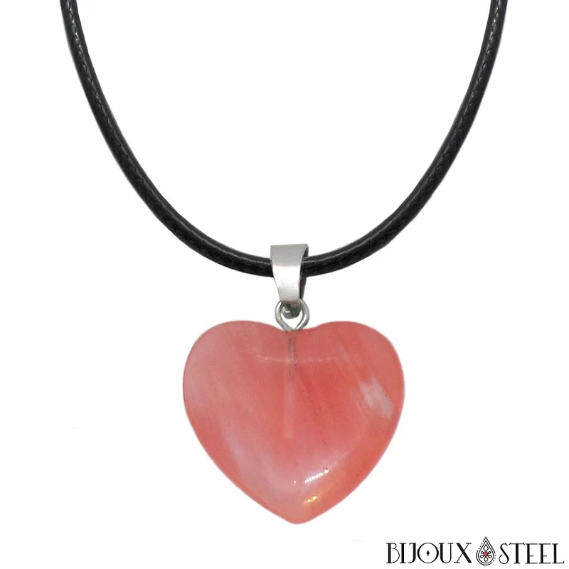 Collier à pendentif cœur en melon d'eau artificielle en verre