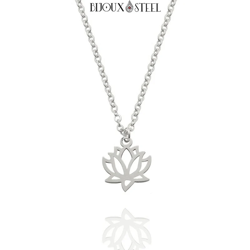 Collier à pendentif fleur de lotus en acier inoxydable