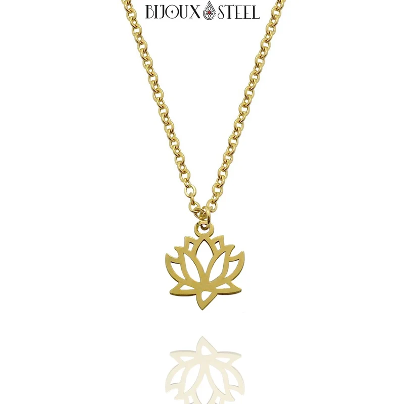 Collier à pendentif fleur de lotus en acier inoxydable