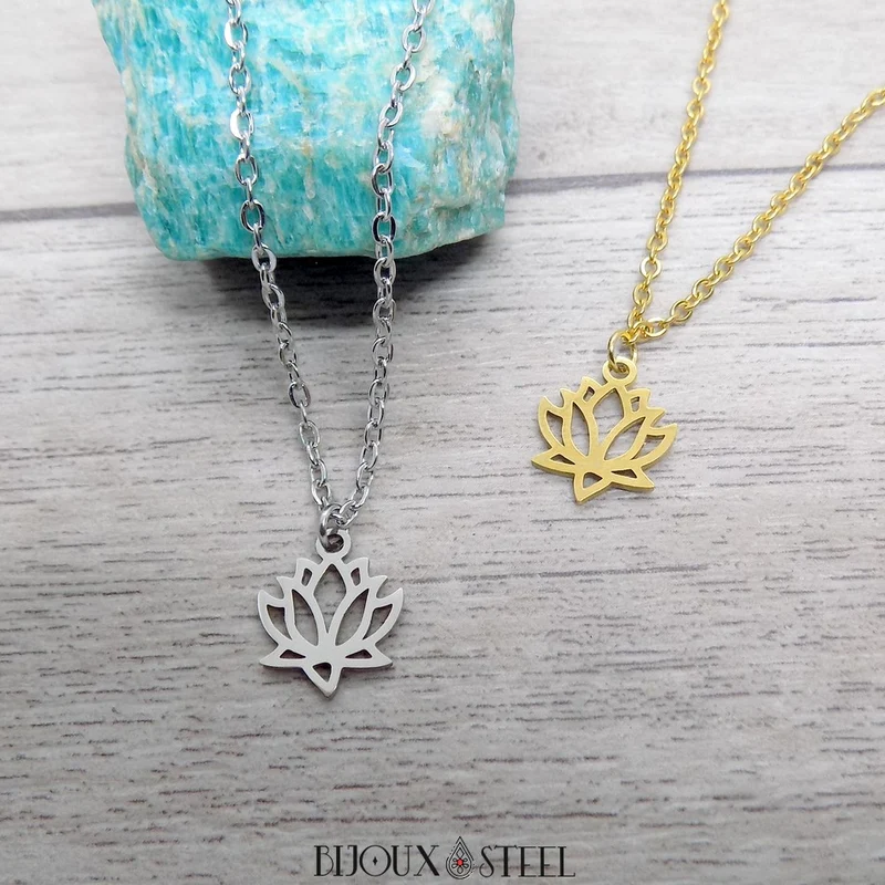 Collier à pendentif fleur de lotus en acier inoxydable