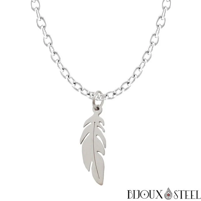 Collier à pendentif plume en acier inoxydable