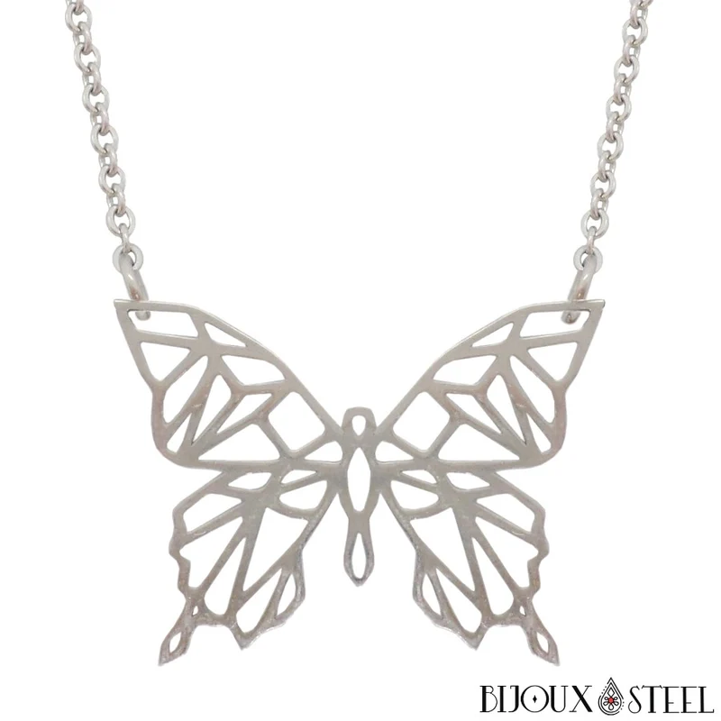 Collier papillon style origami en acier inoxydable