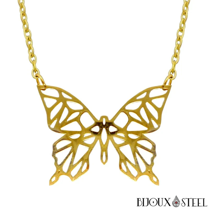 Collier papillon style origami en acier inoxydable
