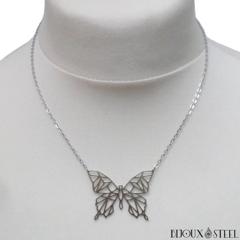 Collier papillon style origami en acier inoxydable