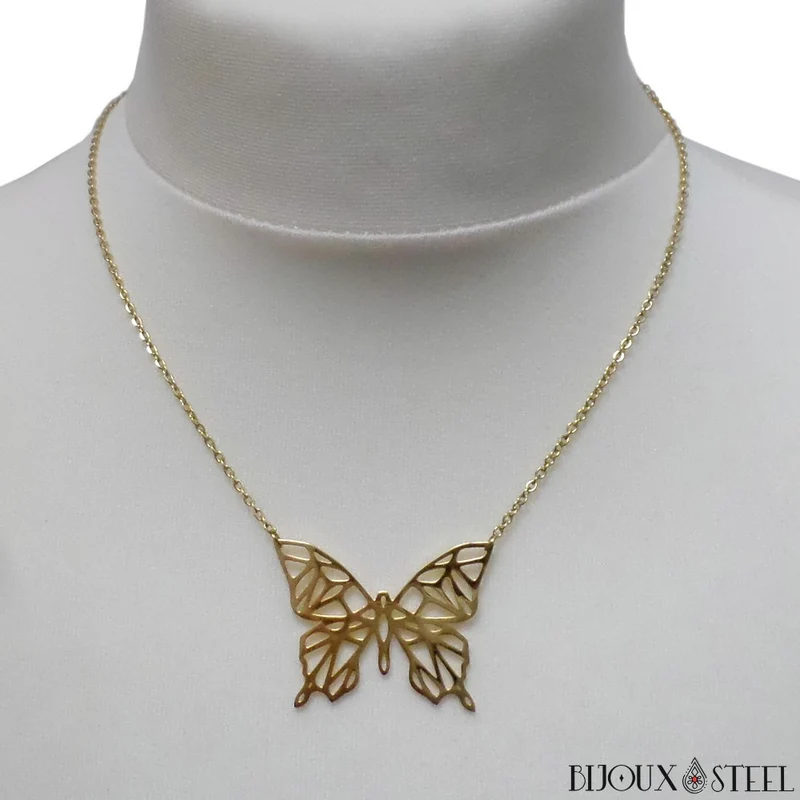 Collier papillon style origami en acier inoxydable