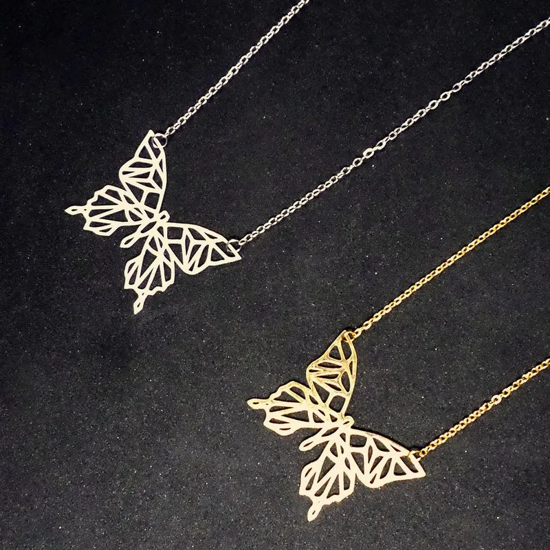 Collier papillon style origami en acier inoxydable