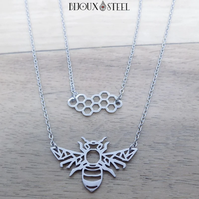 Collier abeille style origami en acier inoxydable