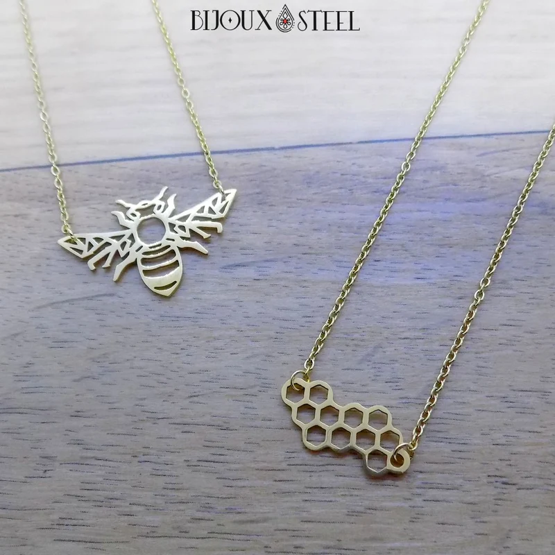 Collier abeille style origami en acier inoxydable