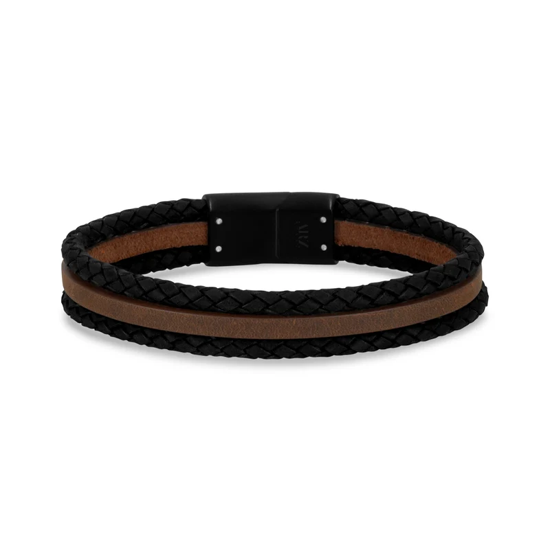 Bracelet en cuir noir et brun à trois rangs