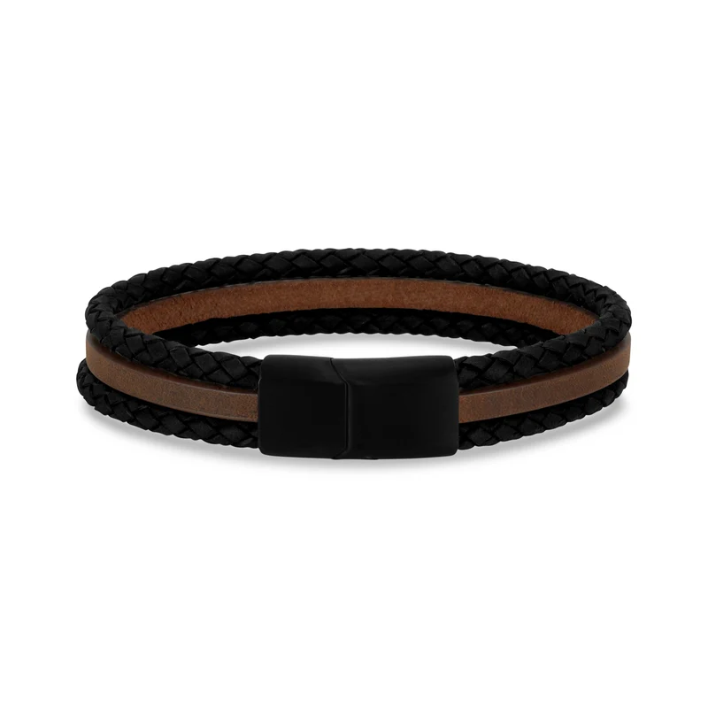 Bracelet en cuir noir et brun à trois rangs