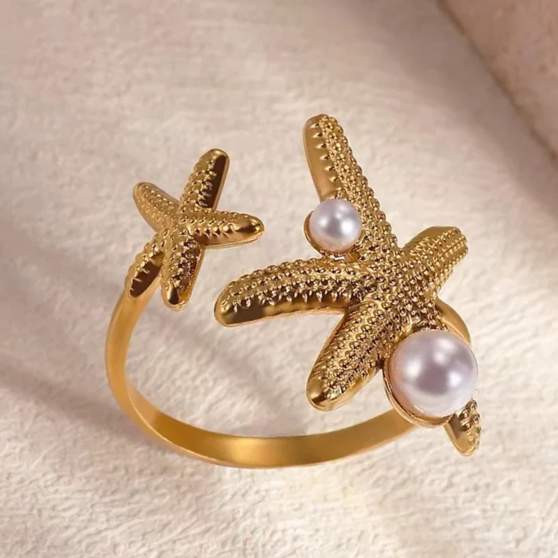 Bague Double Étoile de Mer Perle Blanche