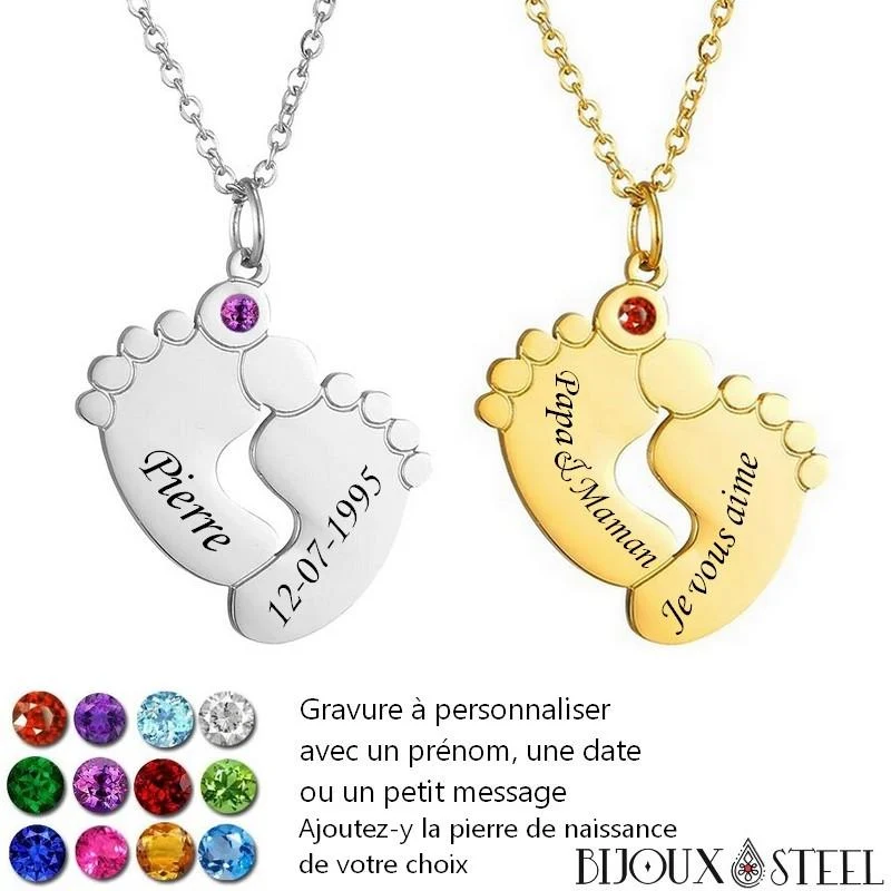Collier pieds de bébé personnalisable en acier inoxydable