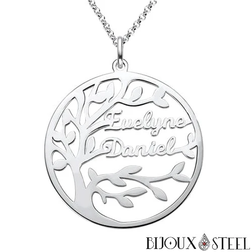 Collier arbre généalogique personnalisable à prénoms en acier chirurgical