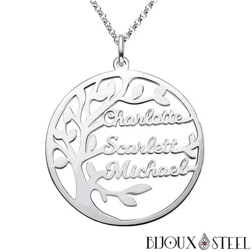 Collier arbre généalogique personnalisable à prénoms en acier chirurgical