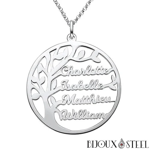 Collier arbre généalogique personnalisable à prénoms en acier chirurgical