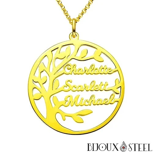 Collier arbre généalogique personnalisable à prénoms en acier chirurgical