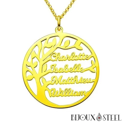 Collier arbre généalogique personnalisable à prénoms en acier chirurgical