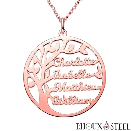 Collier arbre généalogique personnalisable à prénoms en acier chirurgical
