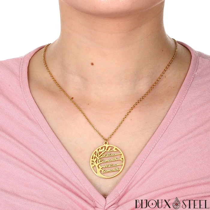 Collier arbre généalogique personnalisable à prénoms en acier chirurgical